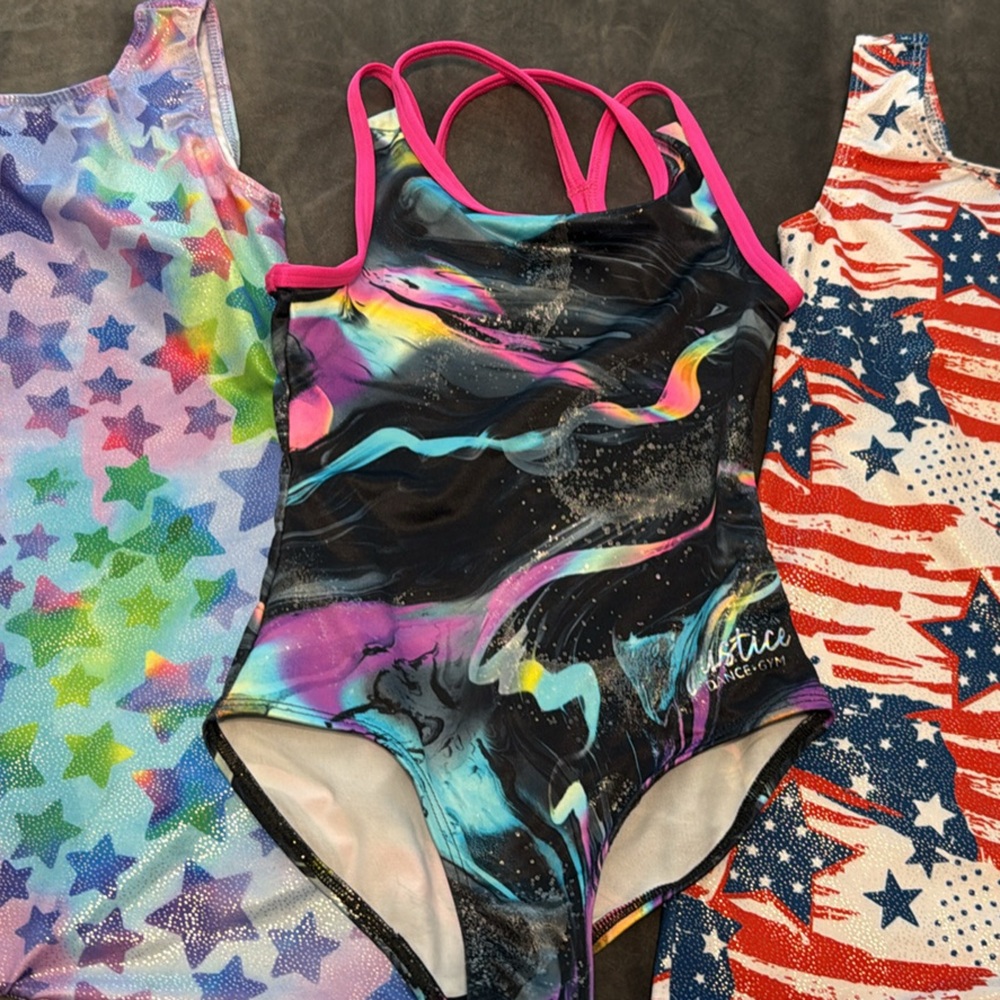 Girls- 3 Colorful Star and Swirl Patterned Leotards